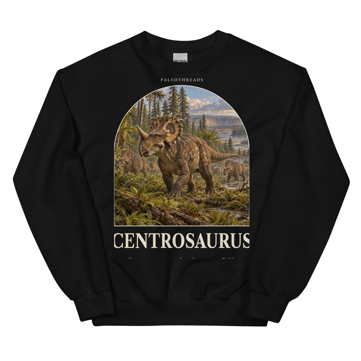 Centrosaurus crewneck sweatshirt in Black — Deep Time Atlas Plate 062, PaleoThreads