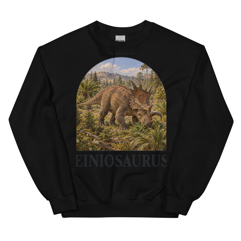 Einiosaurus crewneck sweatshirt in Black — Deep Time Atlas Plate 066, PaleoThreads