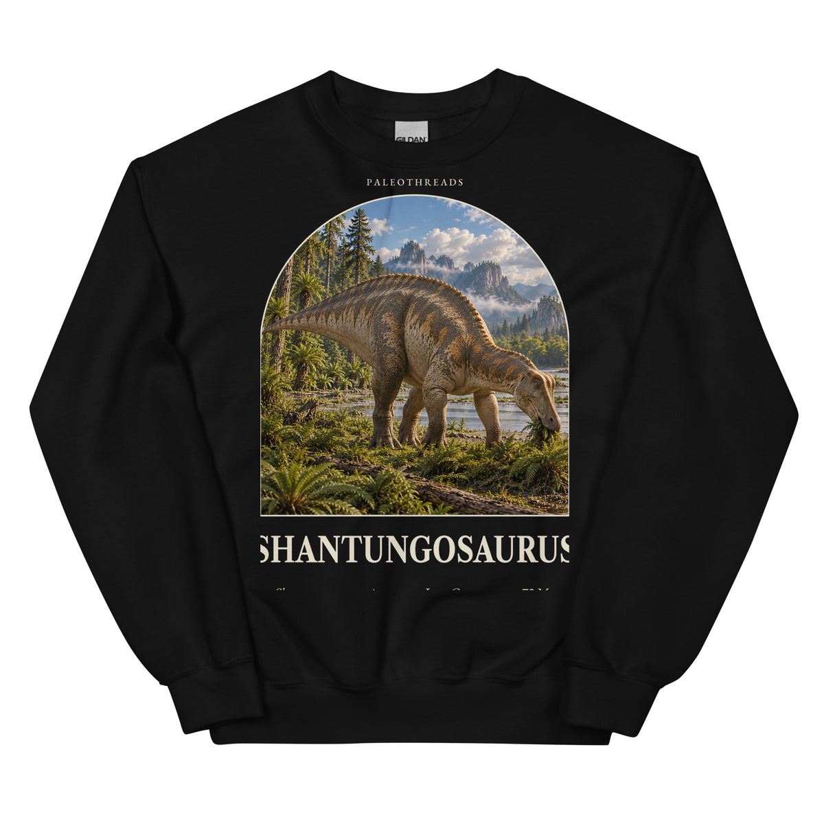 Shantungosaurus crewneck sweatshirt in Black — Deep Time Atlas Plate 077, PaleoThreads