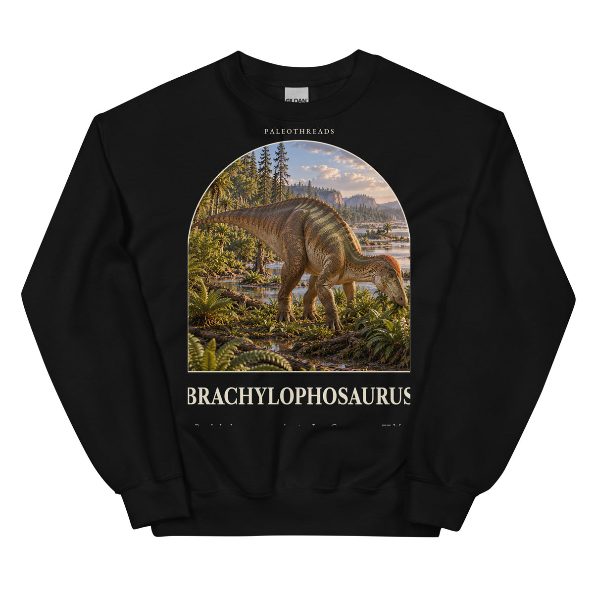 Brachylophosaurus crewneck sweatshirt in Black — Deep Time Atlas Plate 082, PaleoThreads