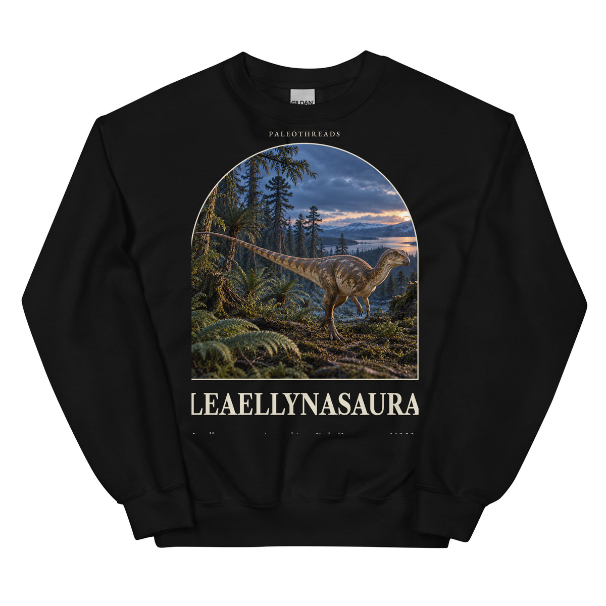 Leaellynasaura crewneck sweatshirt in Black — Deep Time Atlas Plate 081, PaleoThreads