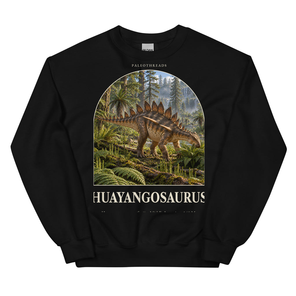 Huayangosaurus crewneck sweatshirt in Black — Deep Time Atlas Plate 088, PaleoThreads