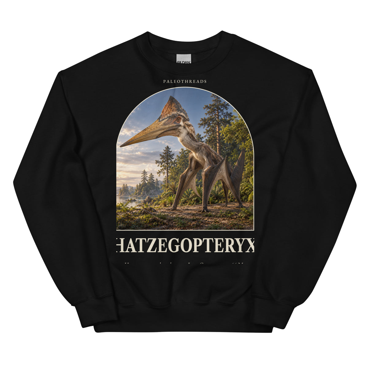 Hatzegopteryx crewneck sweatshirt in Black — Deep Time Atlas Plate 101, PaleoThreads