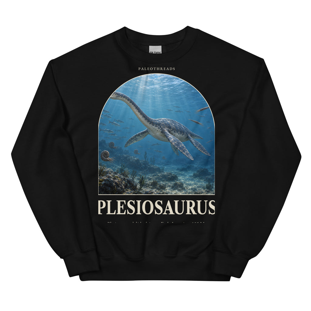 Plesiosaurus crewneck sweatshirt in Black — Deep Time Atlas Plate 108, PaleoThreads