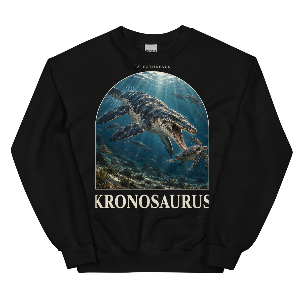 Kronosaurus crewneck sweatshirt in Black — Deep Time Atlas Plate 112, PaleoThreads