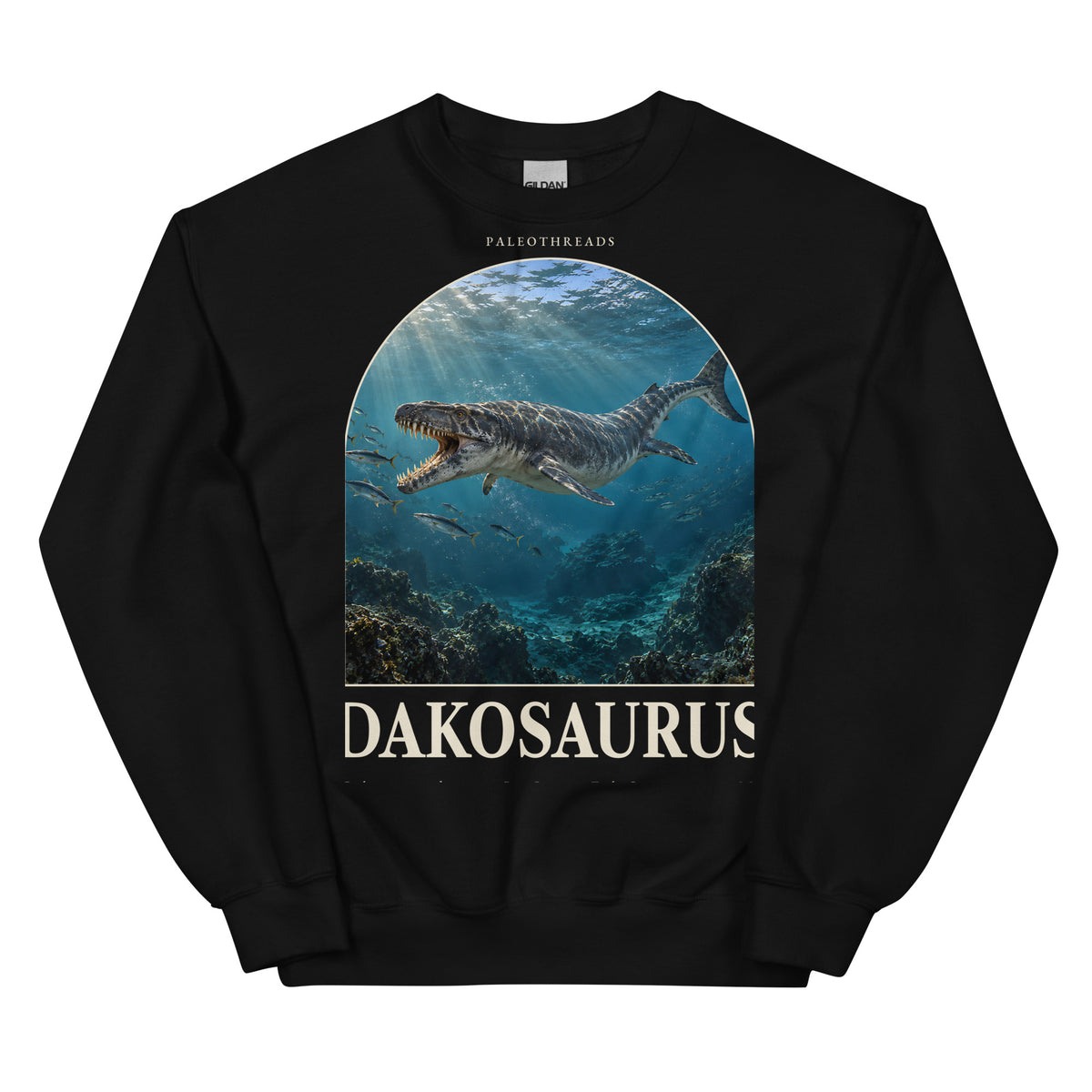 Dakosaurus crewneck sweatshirt in Black — Deep Time Atlas Plate 117, PaleoThreads
