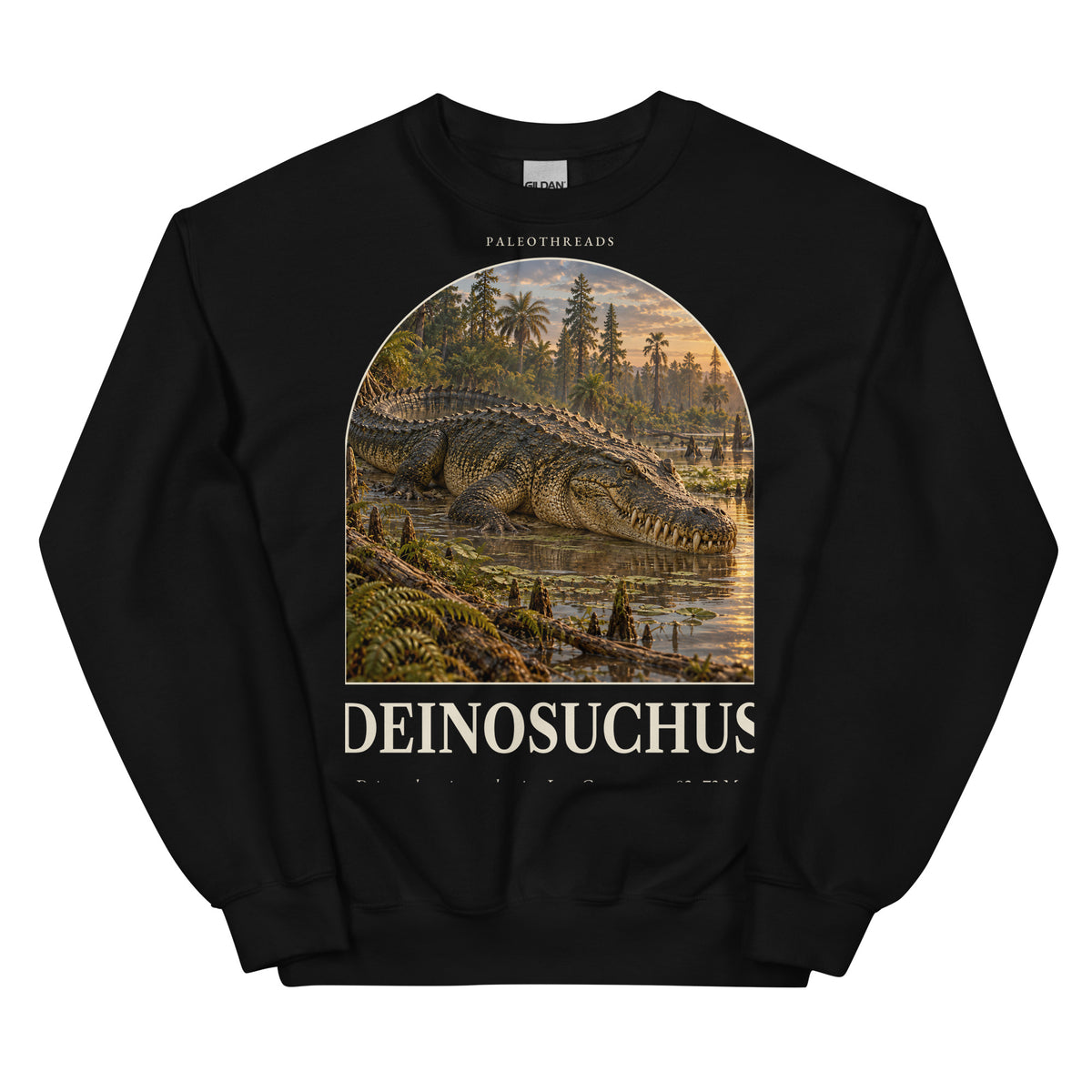 Deinosuchus crewneck sweatshirt in Black — Deep Time Atlas Plate 123, PaleoThreads