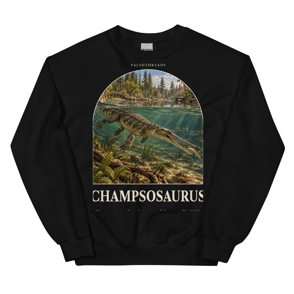 Champsosaurus crewneck sweatshirt in Black — Deep Time Atlas Plate 127, PaleoThreads