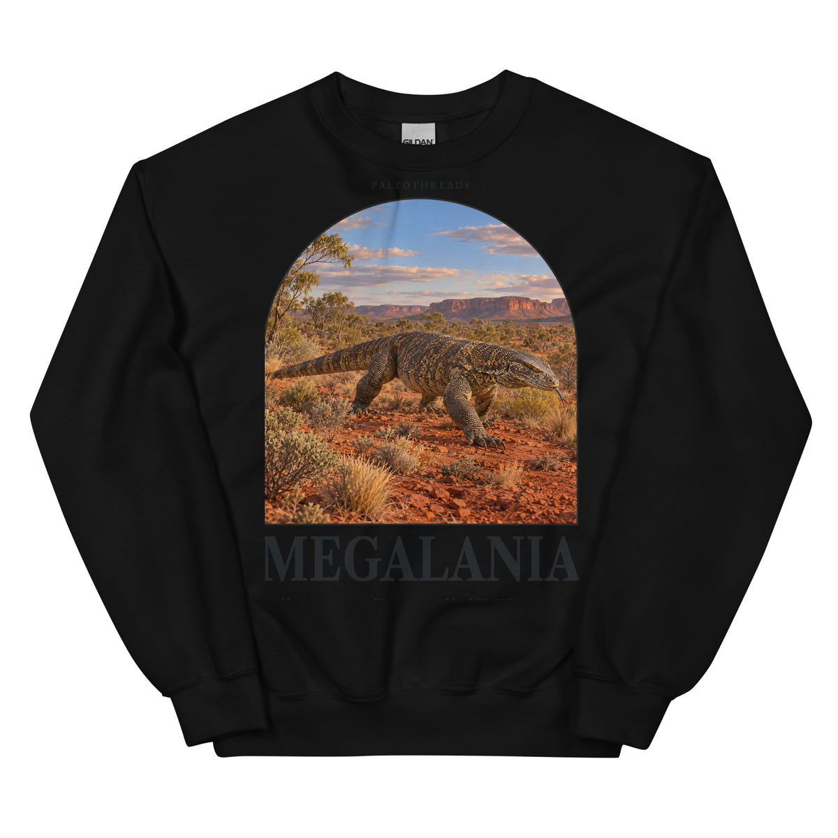 Megalania crewneck sweatshirt in Black — Deep Time Atlas Plate 130, PaleoThreads