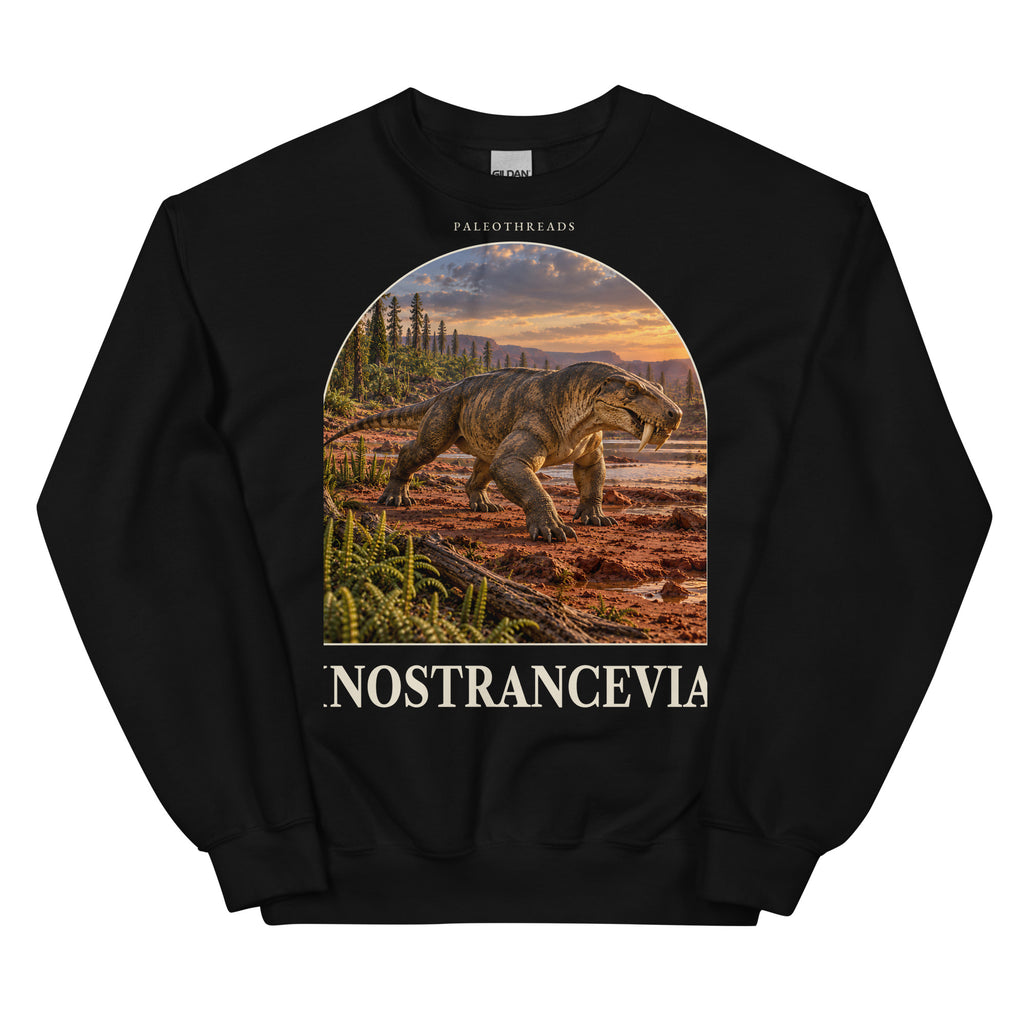 Inostrancevia crewneck sweatshirt in Black — Deep Time Atlas Plate 135, PaleoThreads