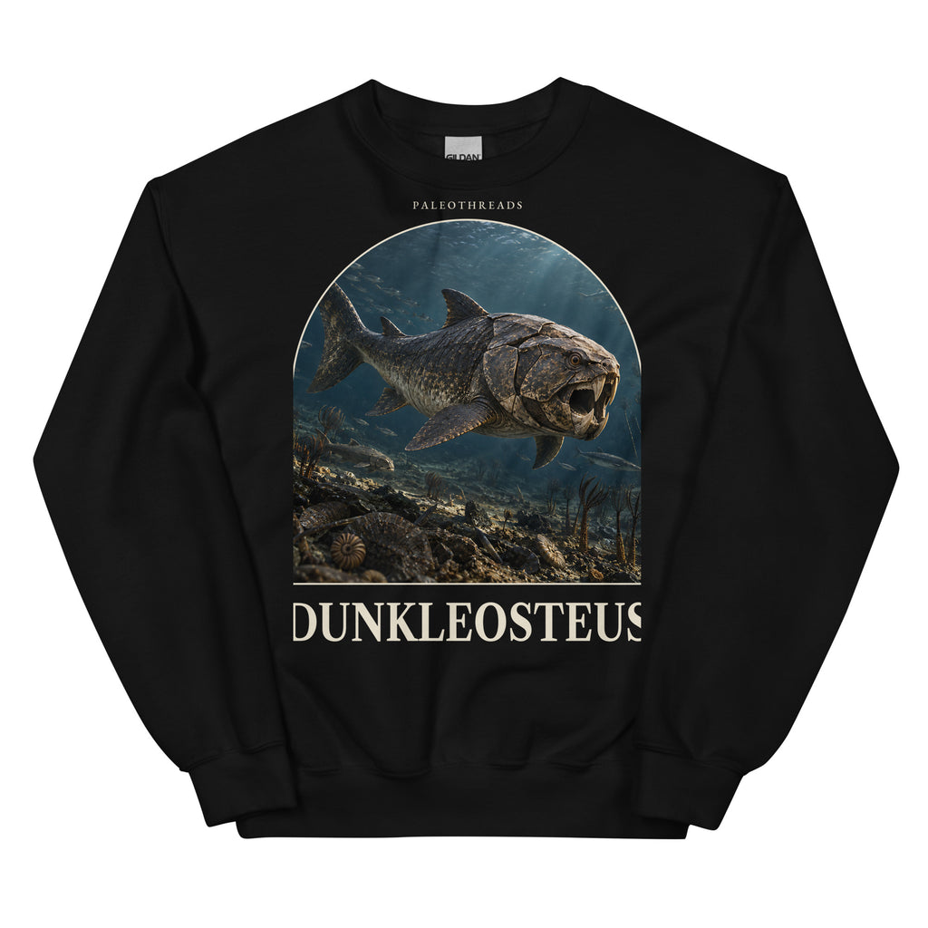 Dunkleosteus crewneck sweatshirt in Black — Deep Time Atlas Plate 137, PaleoThreads