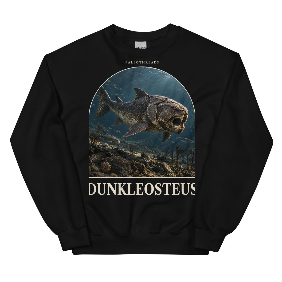 Dunkleosteus crewneck sweatshirt in Black — Deep Time Atlas Plate 137, PaleoThreads