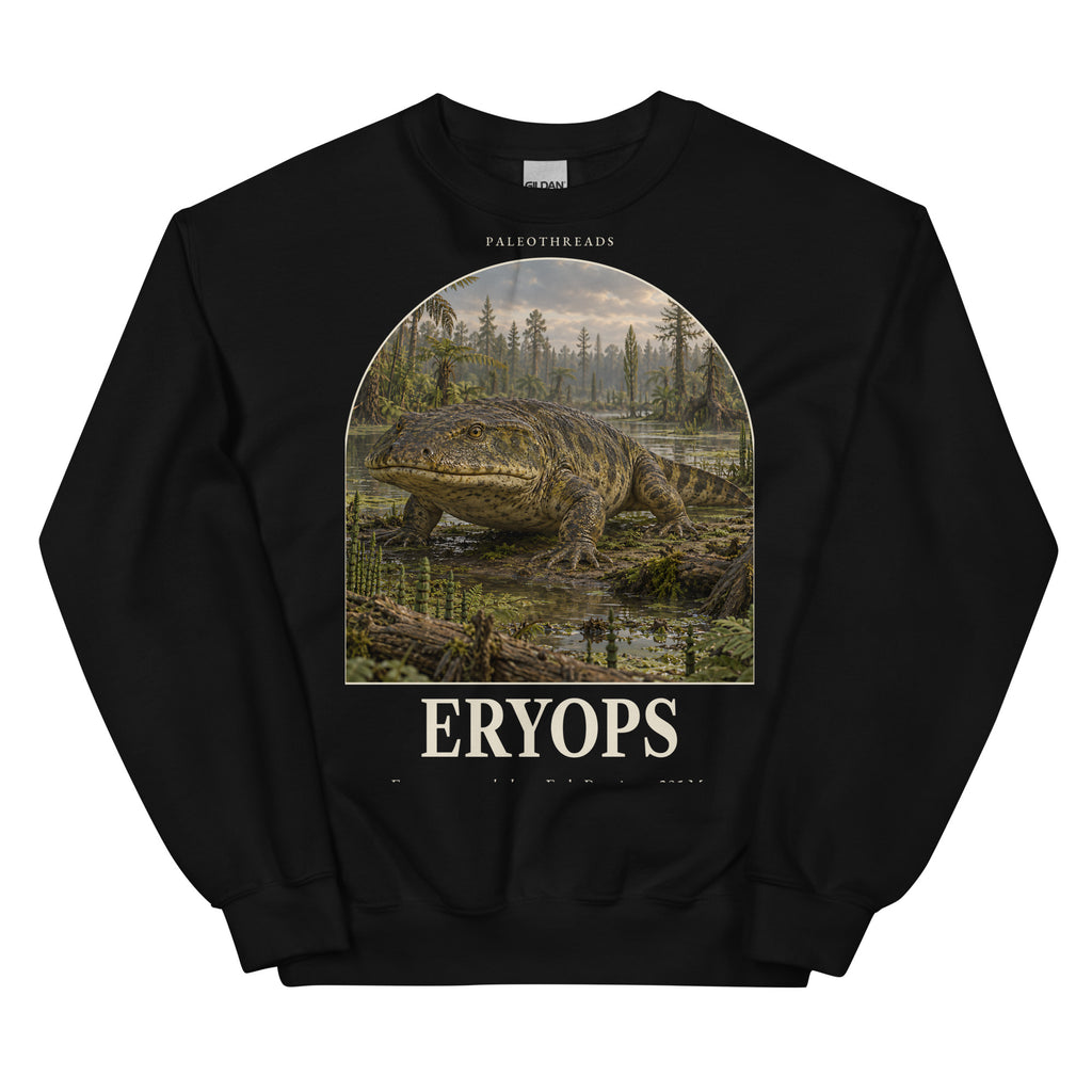 Eryops crewneck sweatshirt in Black — Deep Time Atlas Plate 146, PaleoThreads