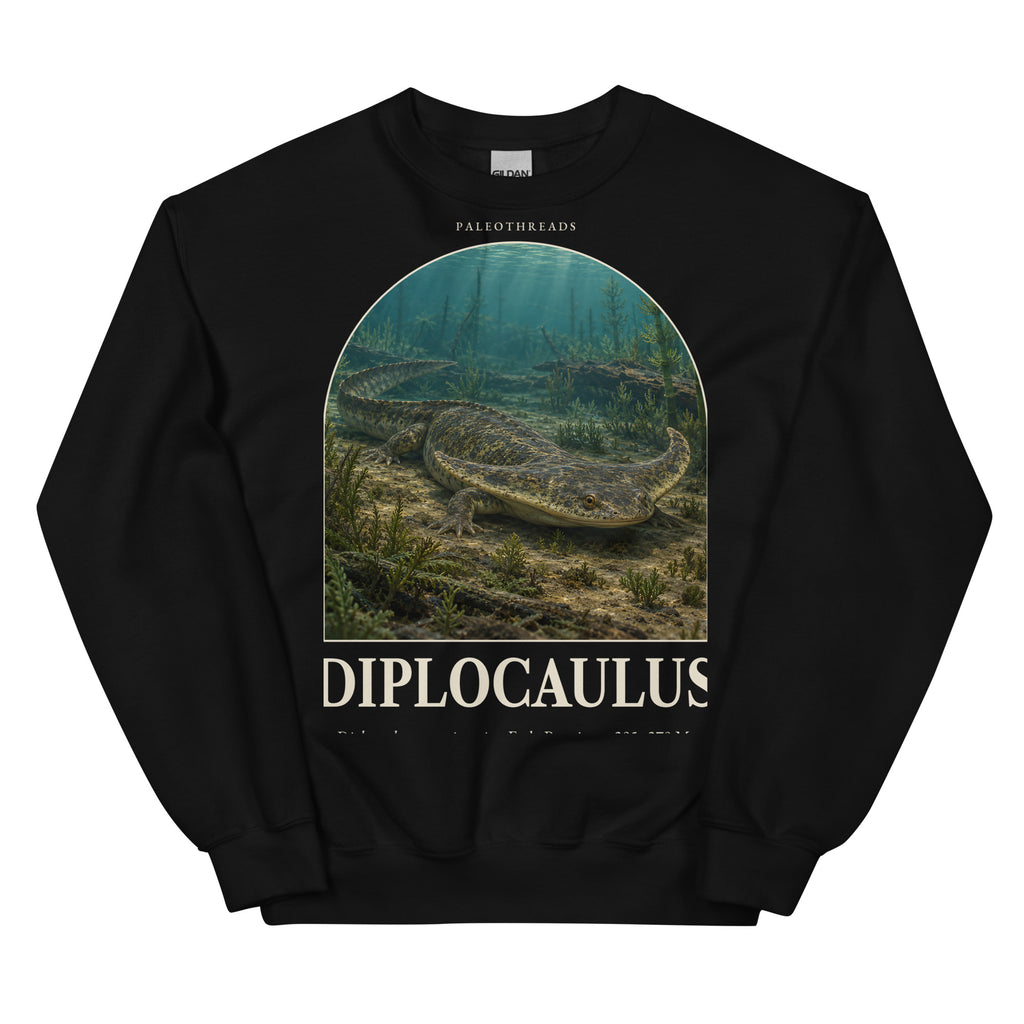 Diplocaulus crewneck sweatshirt in Black — Deep Time Atlas Plate 147, PaleoThreads