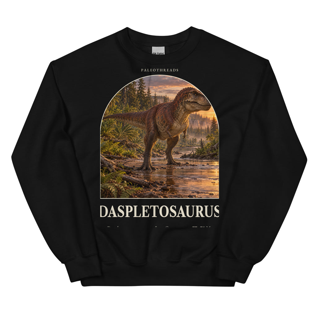 Daspletosaurus crewneck sweatshirt in Black — Deep Time Atlas Plate 023, PaleoThreads