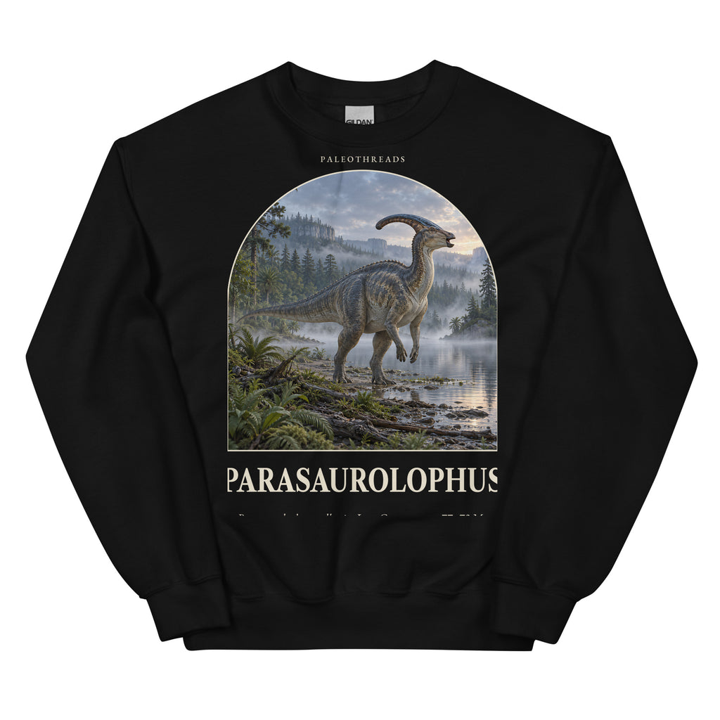 Parasaurolophus crewneck sweatshirt in Black — Deep Time Atlas Plate 071, PaleoThreads