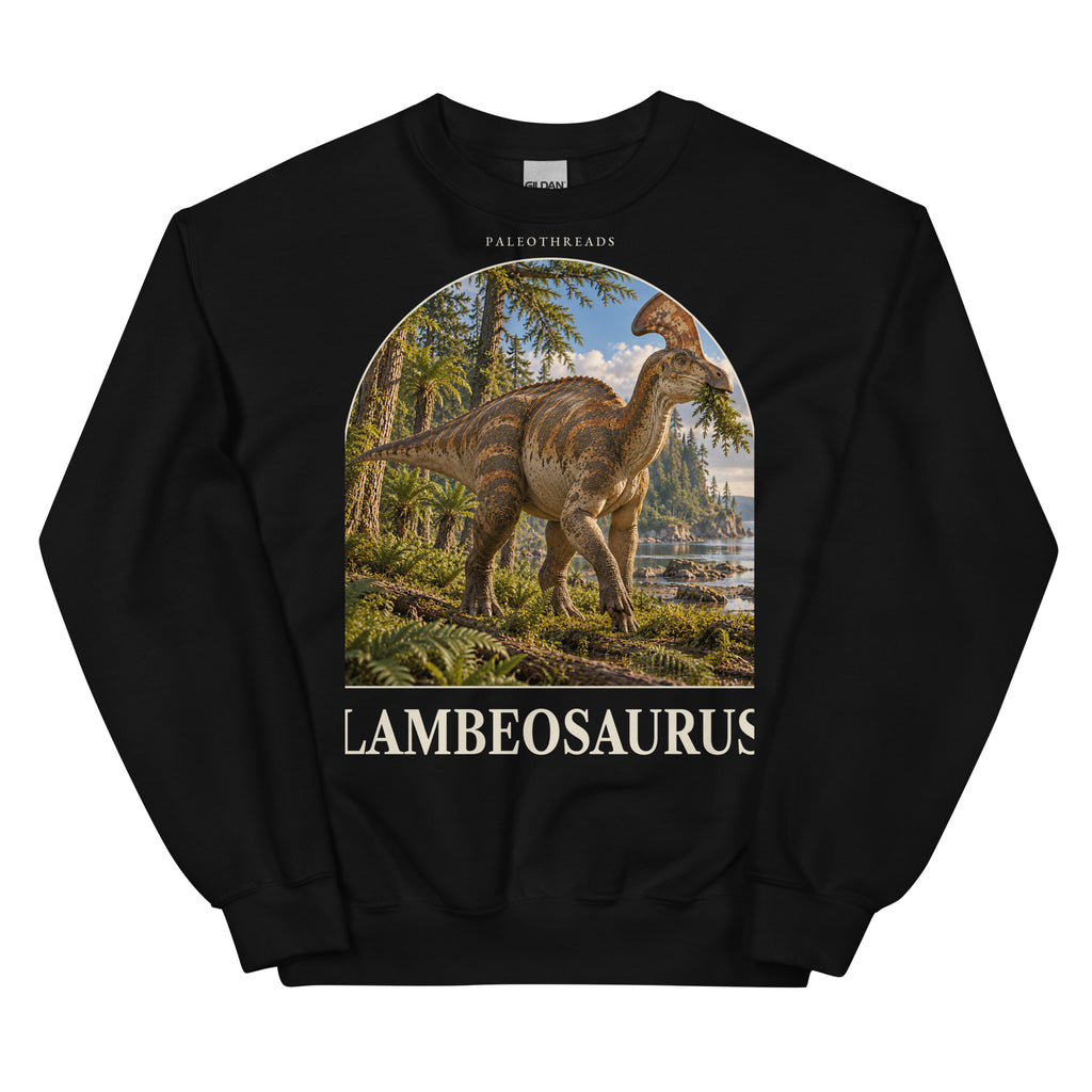 Lambeosaurus crewneck sweatshirt in Black — Deep Time Atlas Plate 075, PaleoThreads