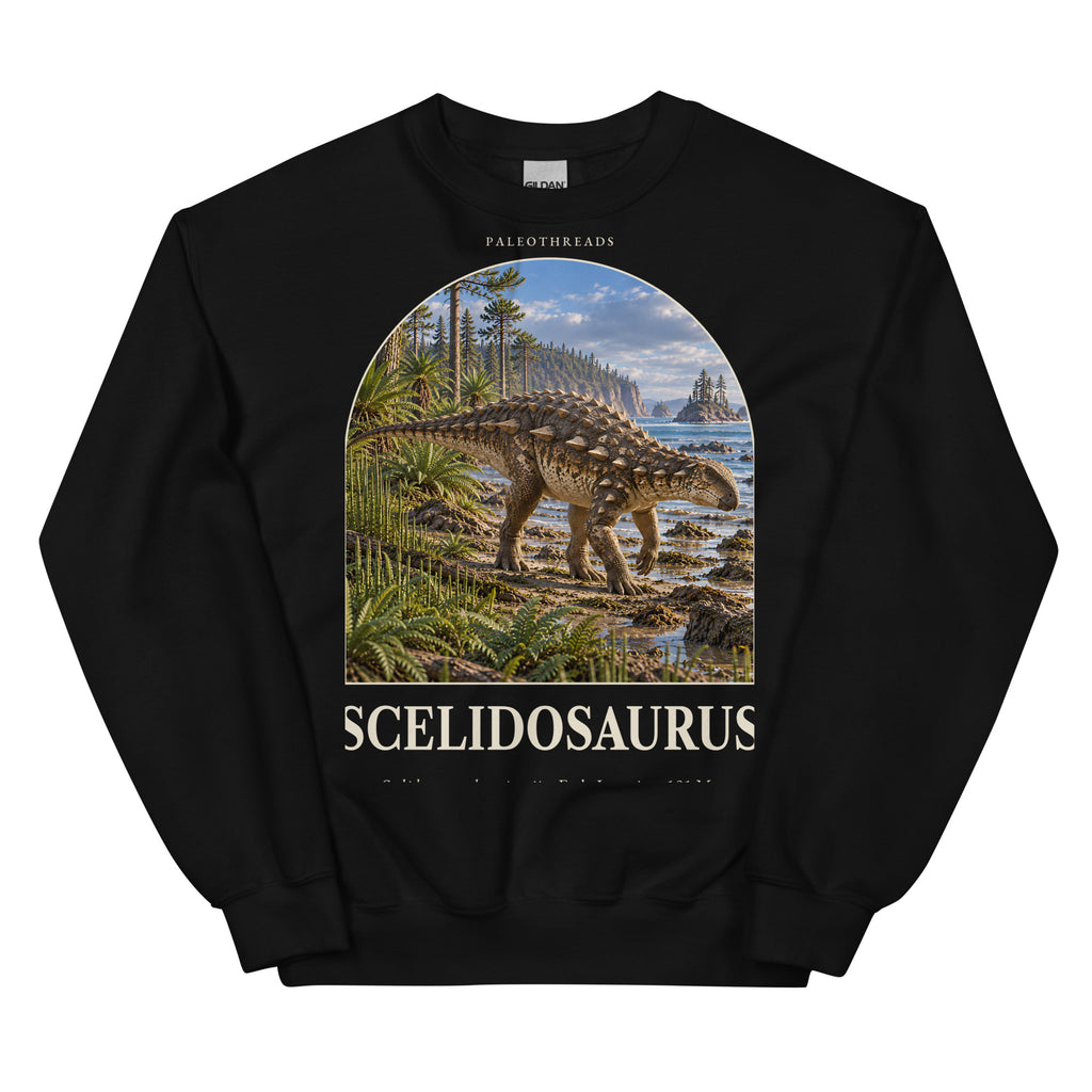 Scelidosaurus crewneck sweatshirt in Black — Deep Time Atlas Plate 087, PaleoThreads