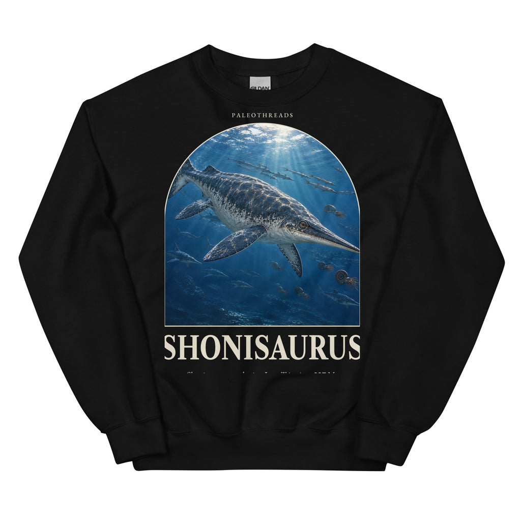 Shonisaurus crewneck sweatshirt in Black — Deep Time Atlas Plate 111, PaleoThreads