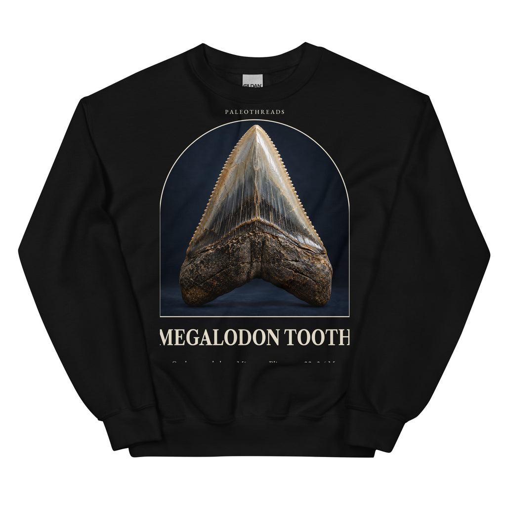 Megalodon tooth specimen crewneck sweatshirt in Black — Deep Time Atlas Plate 173, PaleoThreads