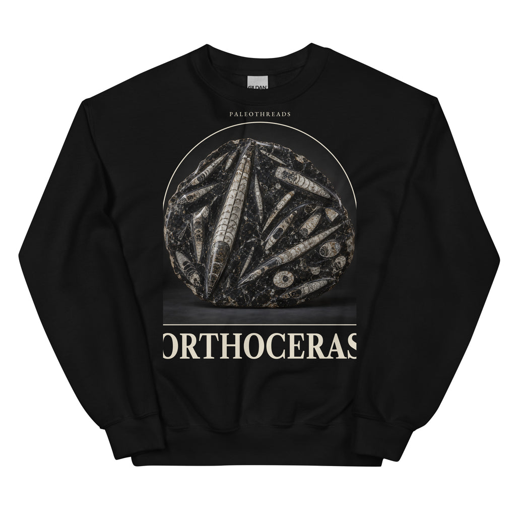 Orthoceras specimen crewneck sweatshirt in Black — Deep Time Atlas Plate 178, PaleoThreads