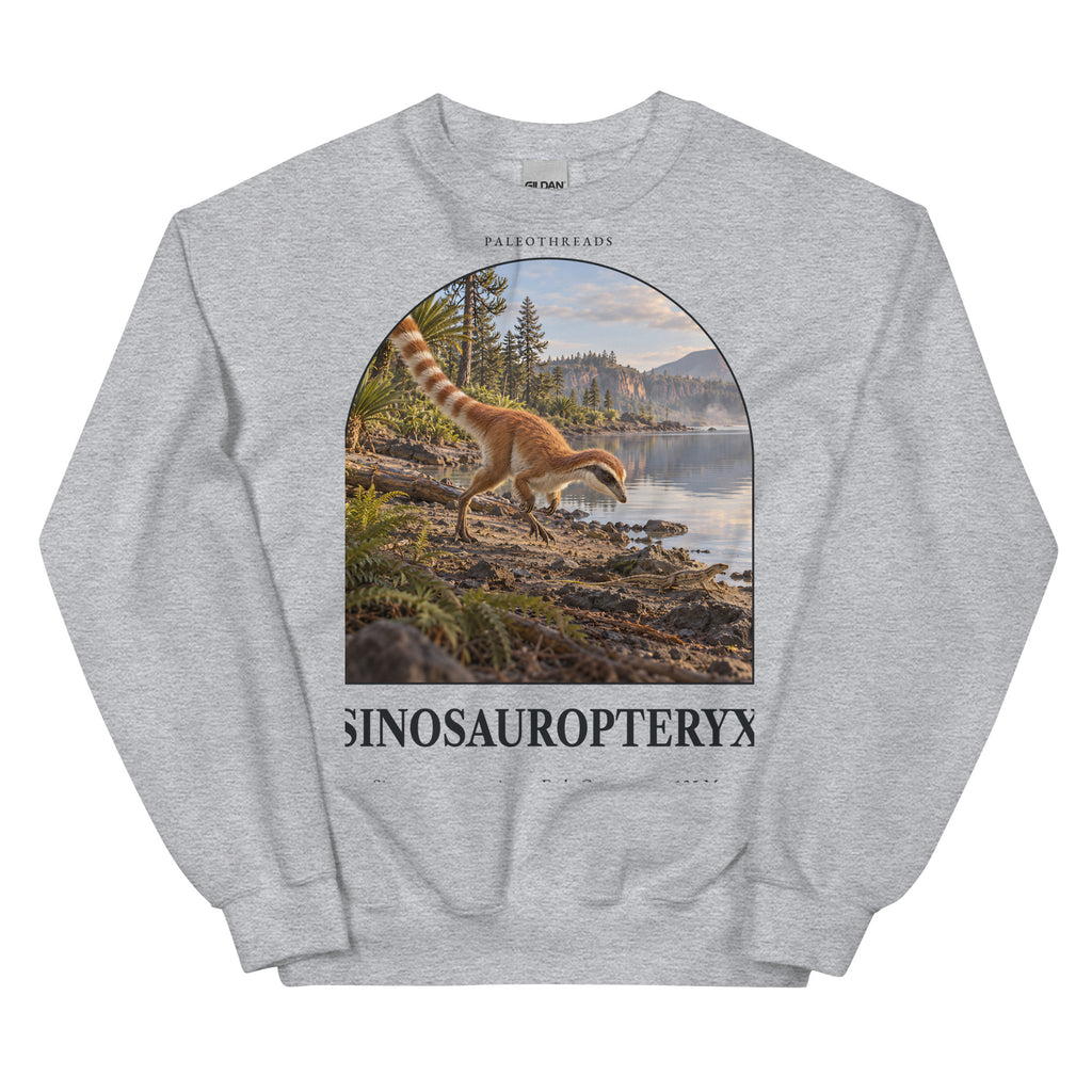 Sinosauropteryx crewneck sweatshirt in Sport Grey — Deep Time Atlas Plate 027, PaleoThreads