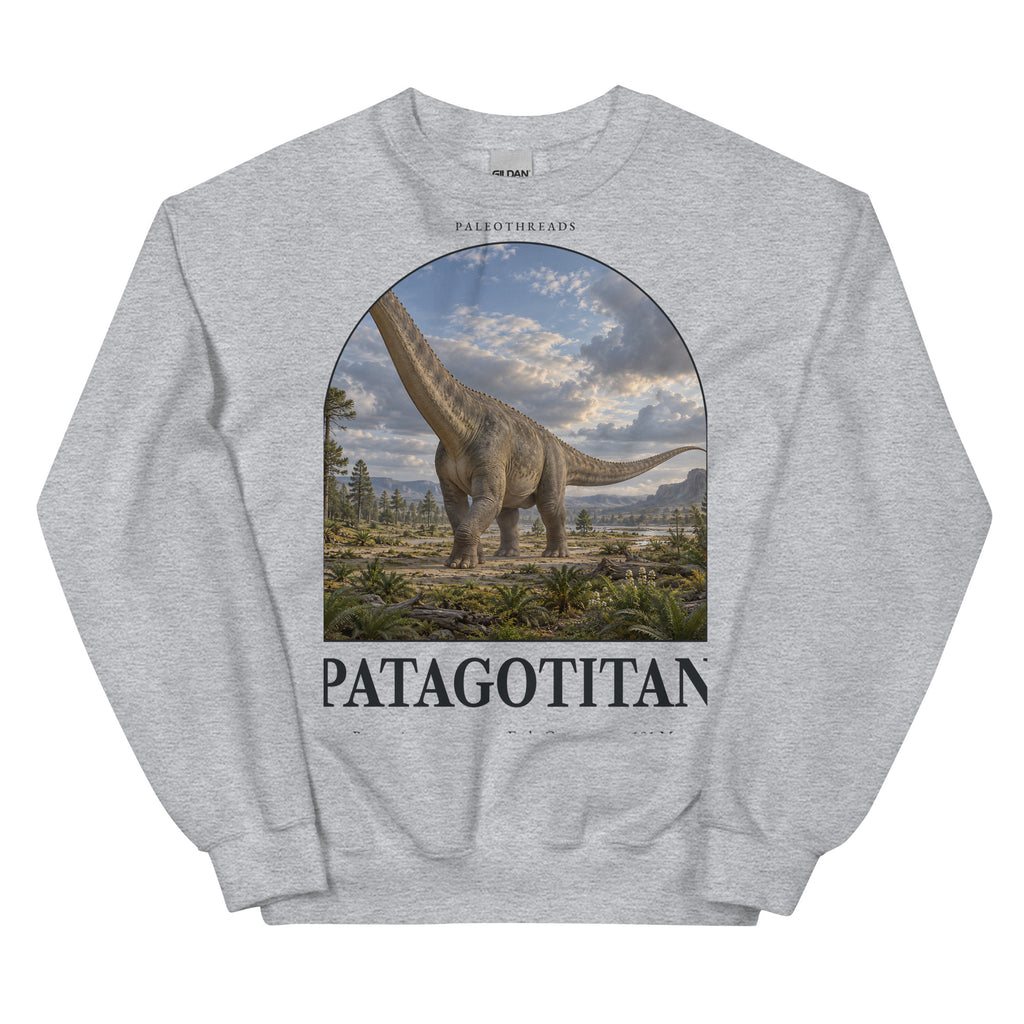 Patagotitan crewneck sweatshirt in Sport Grey — Deep Time Atlas Plate 049, PaleoThreads