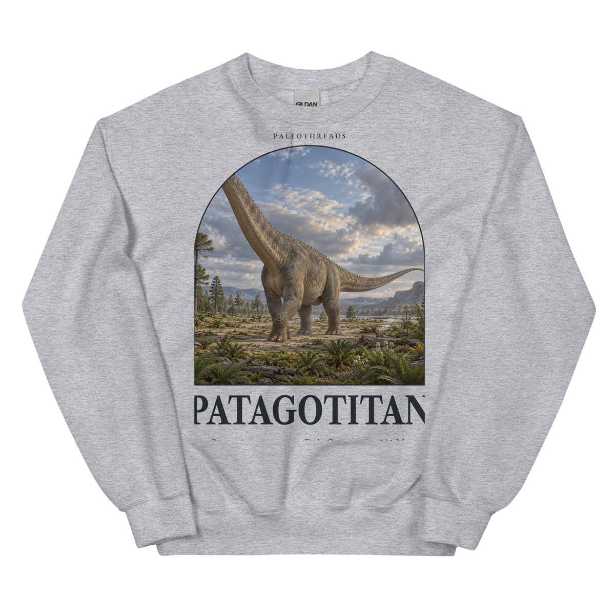 Patagotitan crewneck sweatshirt in Sport Grey — Deep Time Atlas Plate 049, PaleoThreads