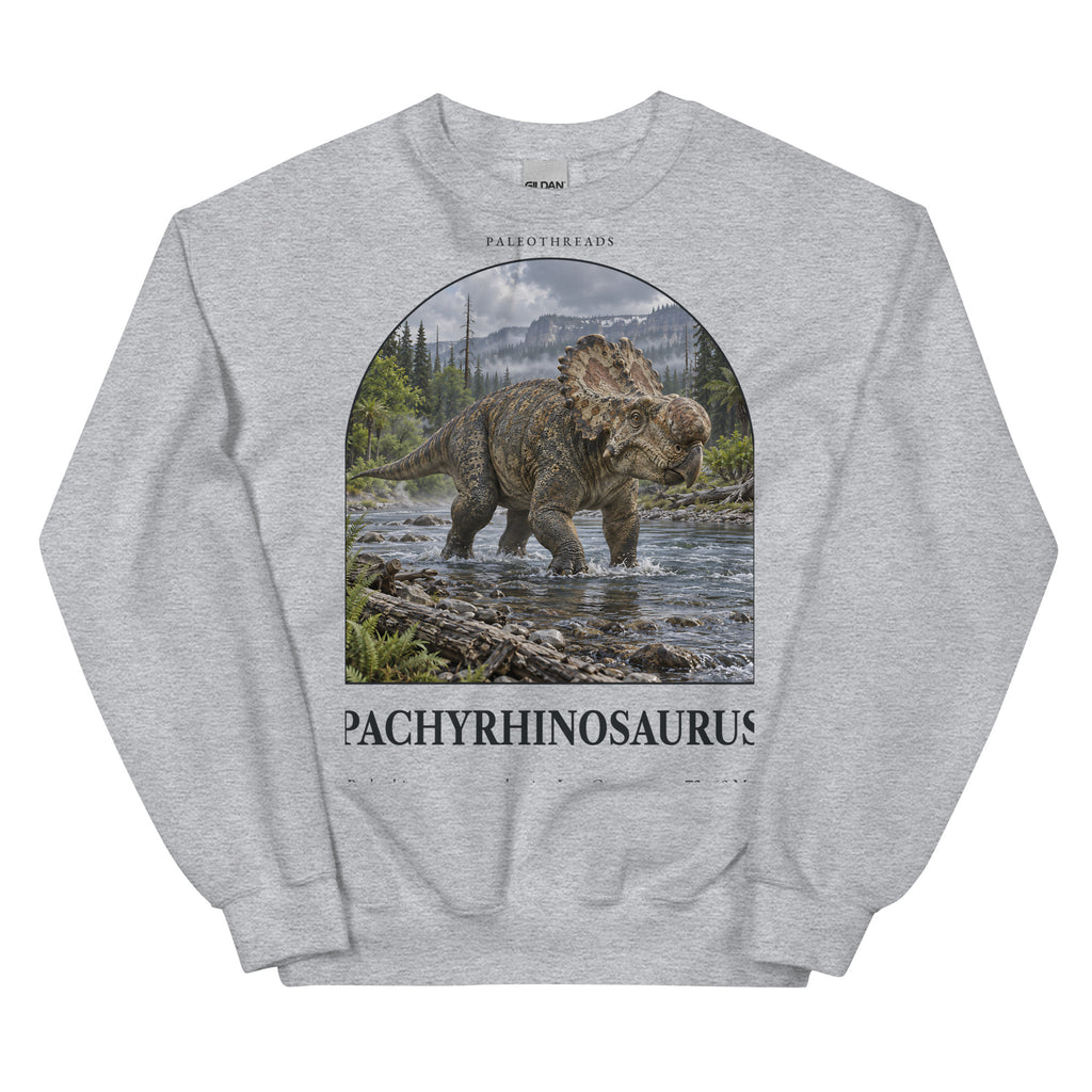Pachyrhinosaurus crewneck sweatshirt in Sport Grey — Deep Time Atlas Plate 061, PaleoThreads