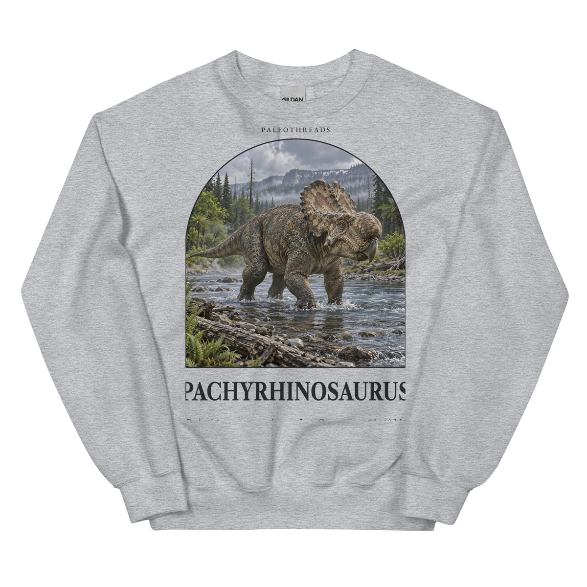 Pachyrhinosaurus crewneck sweatshirt in Sport Grey — Deep Time Atlas Plate 061, PaleoThreads