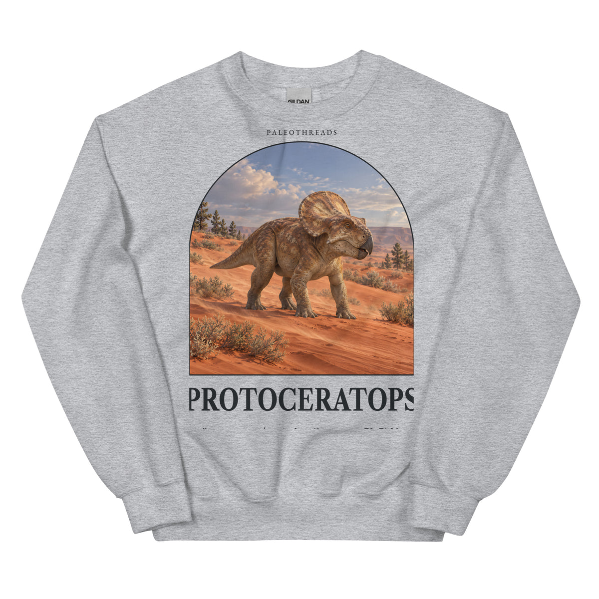 Protoceratops crewneck sweatshirt in Sport Grey — Deep Time Atlas Plate 060, PaleoThreads