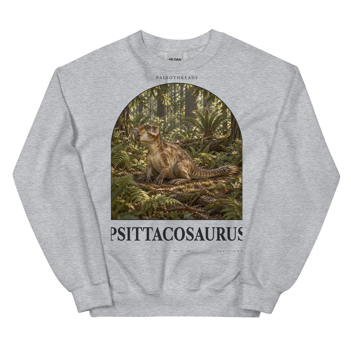 Psittacosaurus crewneck sweatshirt in Sport Grey — Deep Time Atlas Plate 065, PaleoThreads