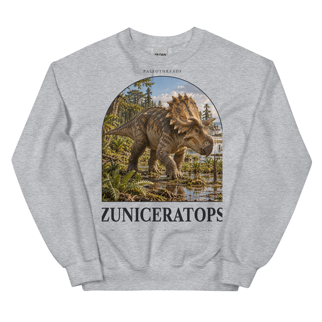 Zuniceratops crewneck sweatshirt in Sport Grey — Deep Time Atlas Plate 070, PaleoThreads