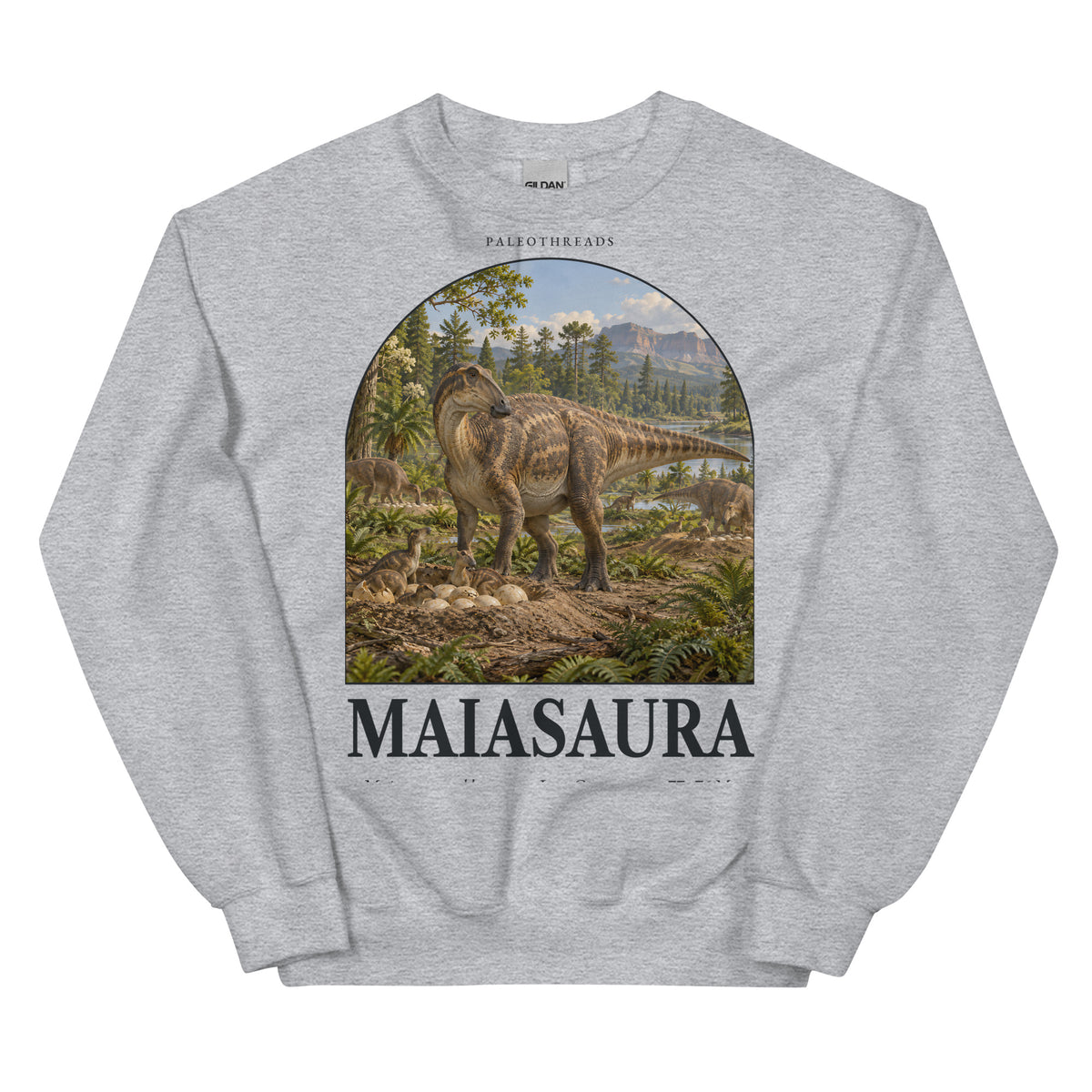 Maiasaura crewneck sweatshirt in Sport Grey — Deep Time Atlas Plate 074, PaleoThreads