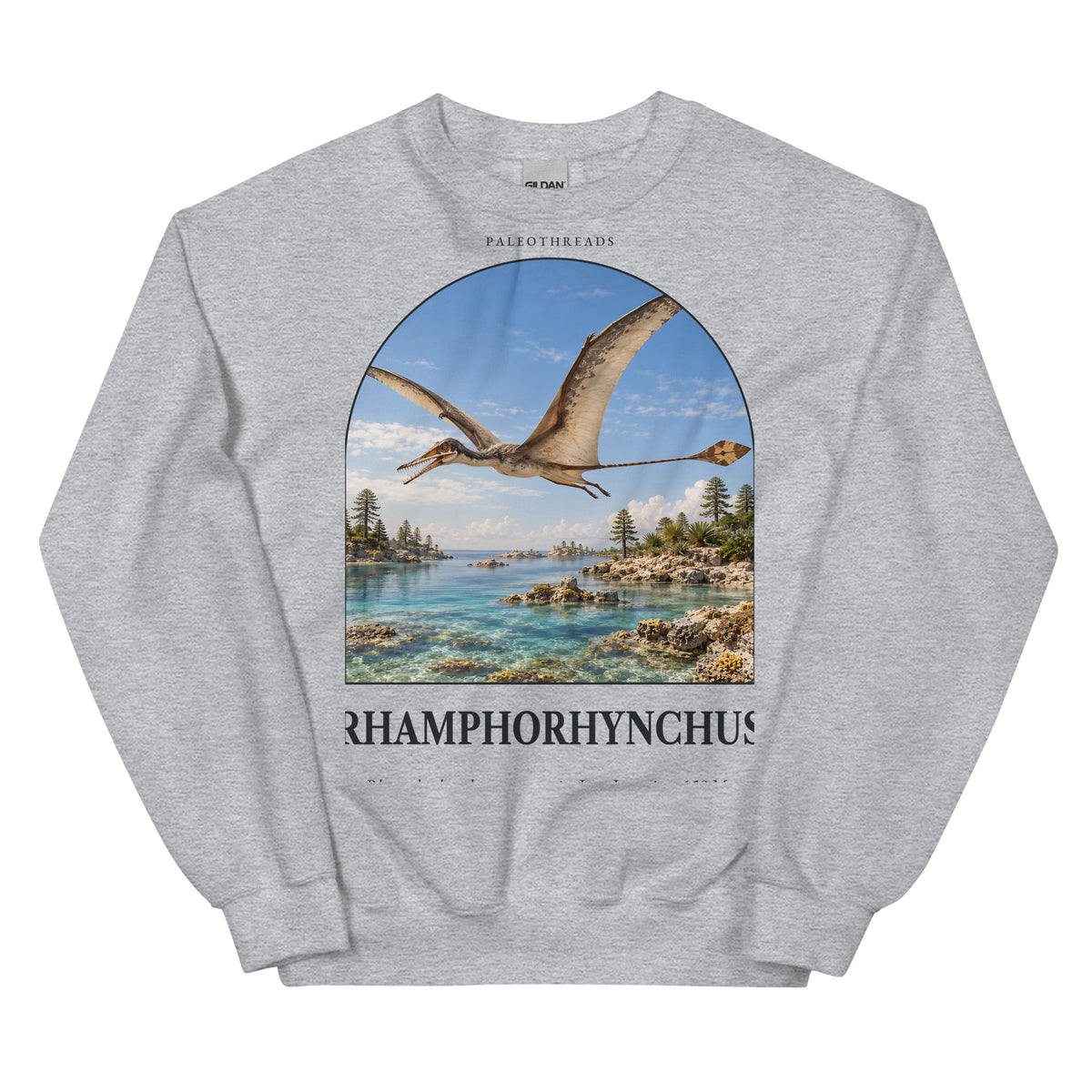 Rhamphorhynchus crewneck sweatshirt in Sport Grey — Deep Time Atlas Plate 098, PaleoThreads