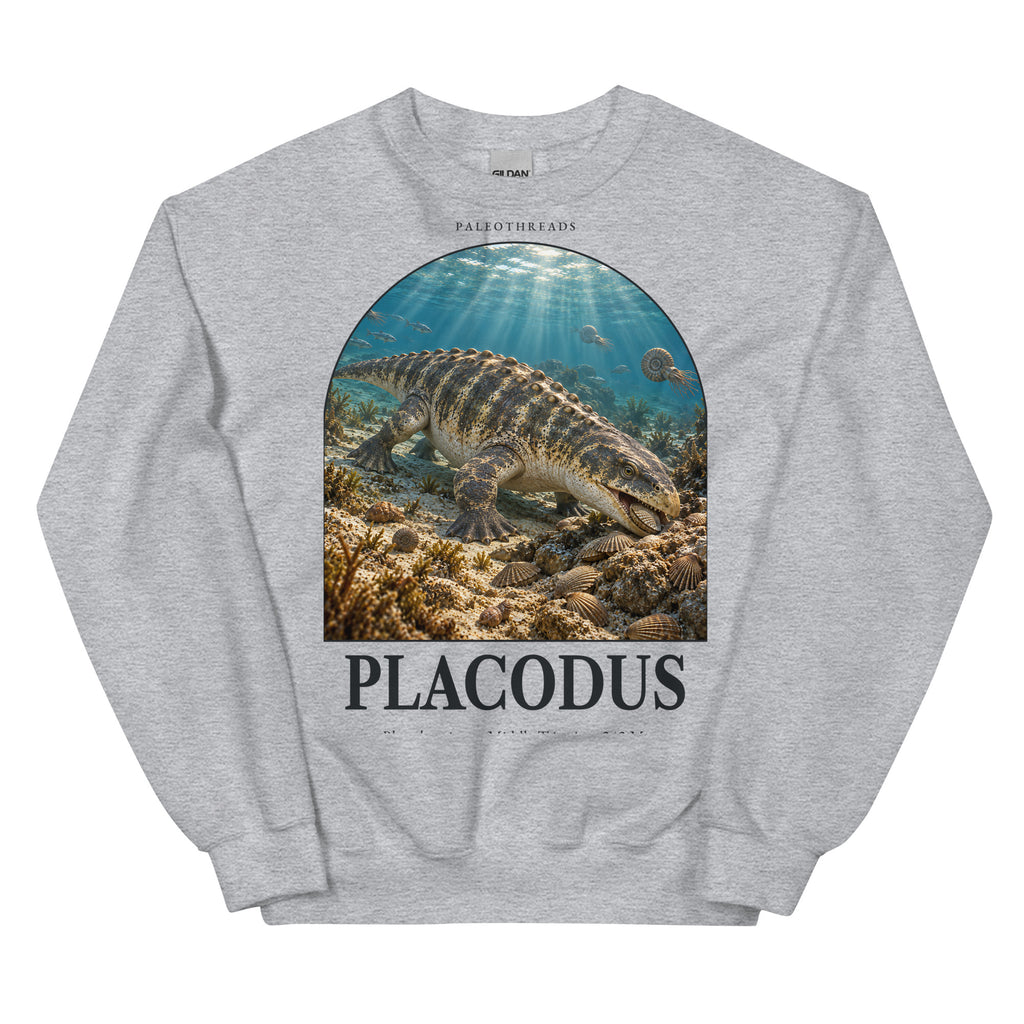 Placodus crewneck sweatshirt in Sport Grey — Deep Time Atlas Plate 115, PaleoThreads