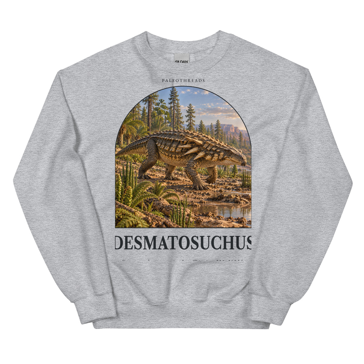 Desmatosuchus crewneck sweatshirt in Sport Grey — Deep Time Atlas Plate 125, PaleoThreads