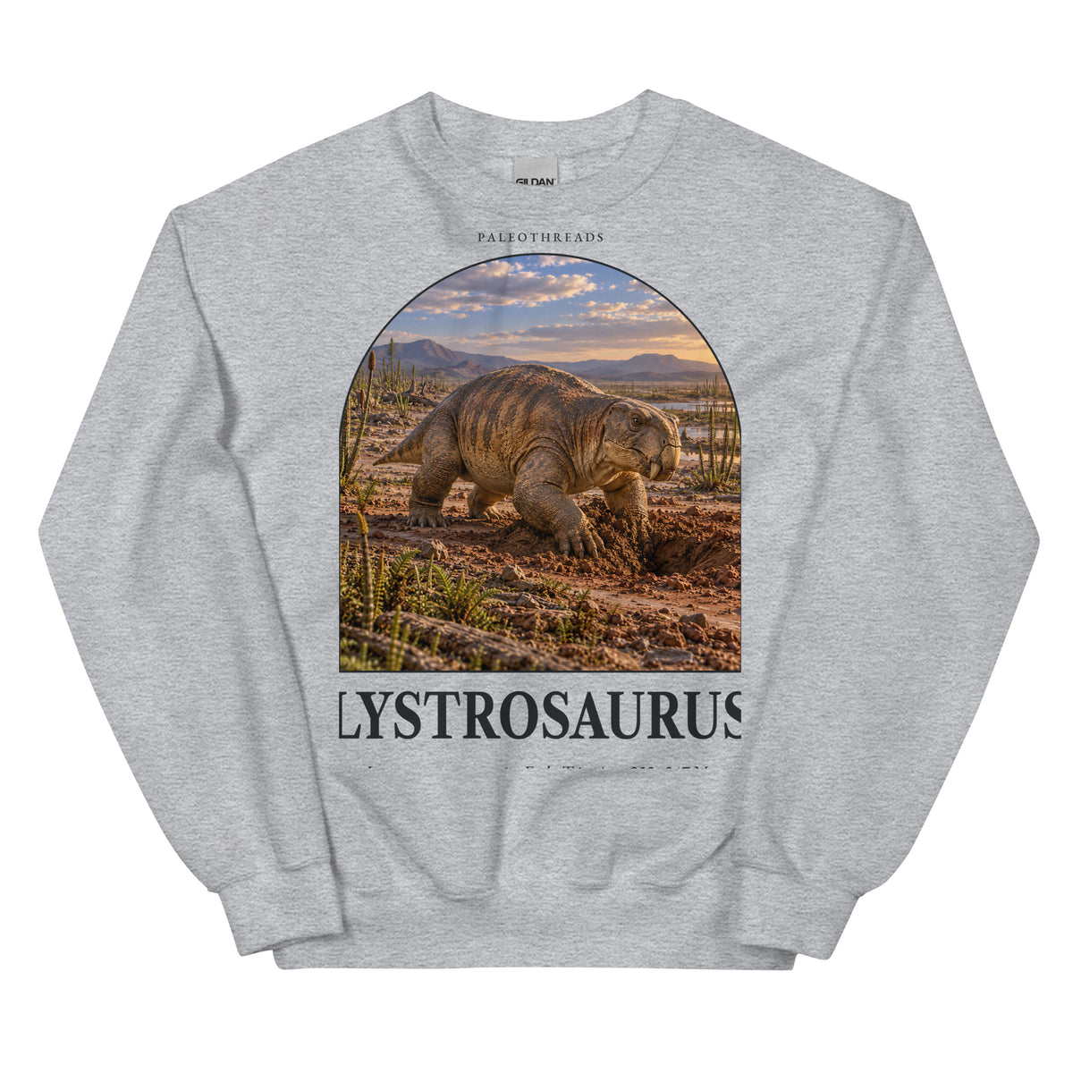 Lystrosaurus crewneck sweatshirt in Sport Grey — Deep Time Atlas Plate 136, PaleoThreads
