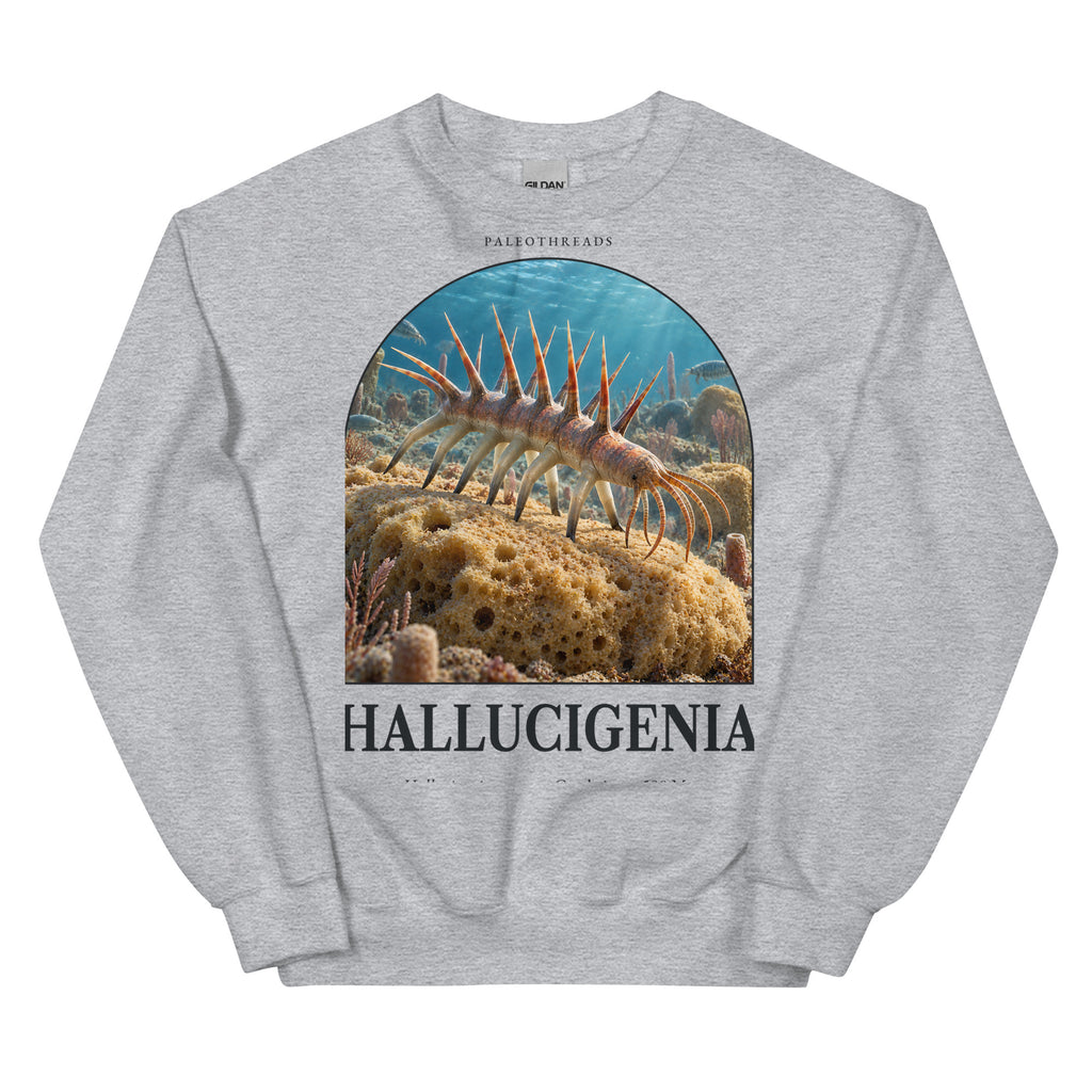 Hallucigenia crewneck sweatshirt in Sport Grey — Deep Time Atlas Plate 140, PaleoThreads