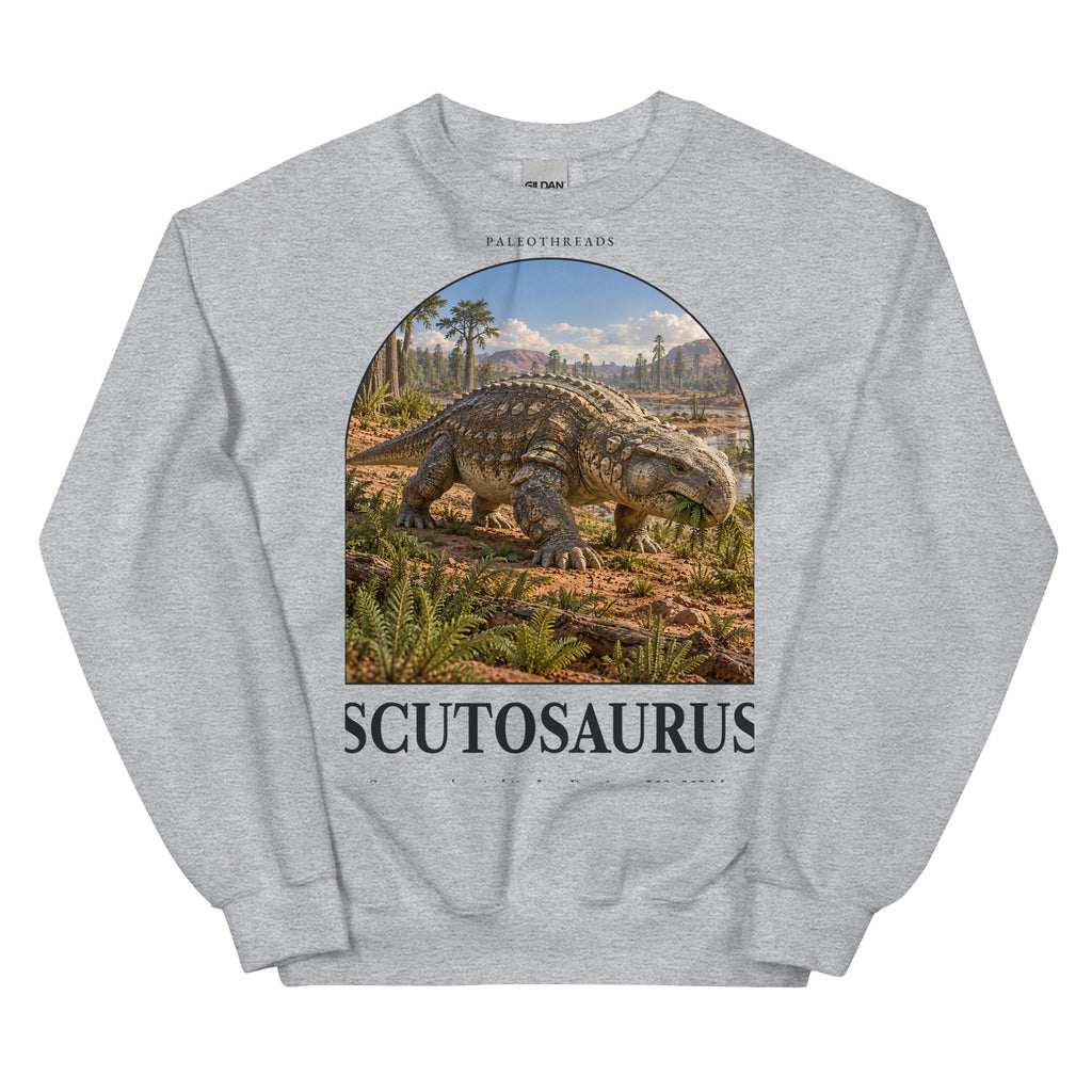 Scutosaurus crewneck sweatshirt in Sport Grey — Deep Time Atlas Plate 148, PaleoThreads