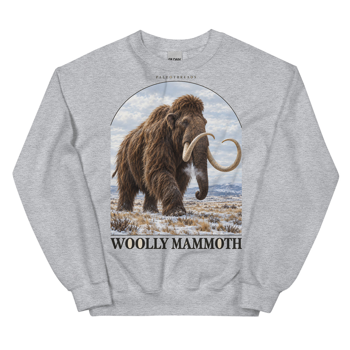 Woolly mammoth crewneck sweatshirt in Sport Grey — Deep Time Atlas Plate 007, PaleoThreads