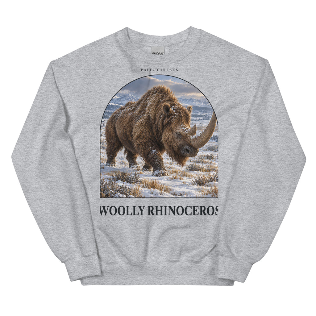 Woolly rhinoceros crewneck sweatshirt in Sport Grey — Deep Time Atlas Plate 157, PaleoThreads