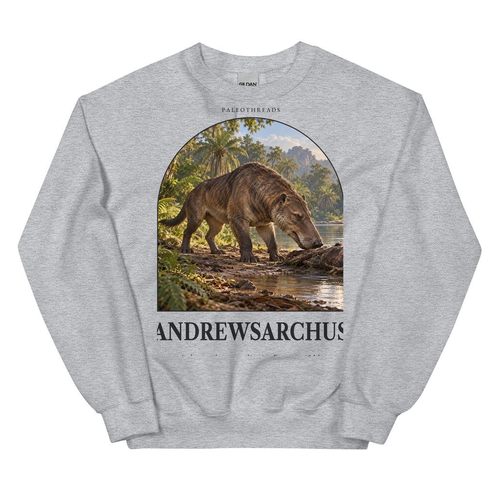 Andrewsarchus crewneck sweatshirt in Sport Grey — Deep Time Atlas Plate 164, PaleoThreads