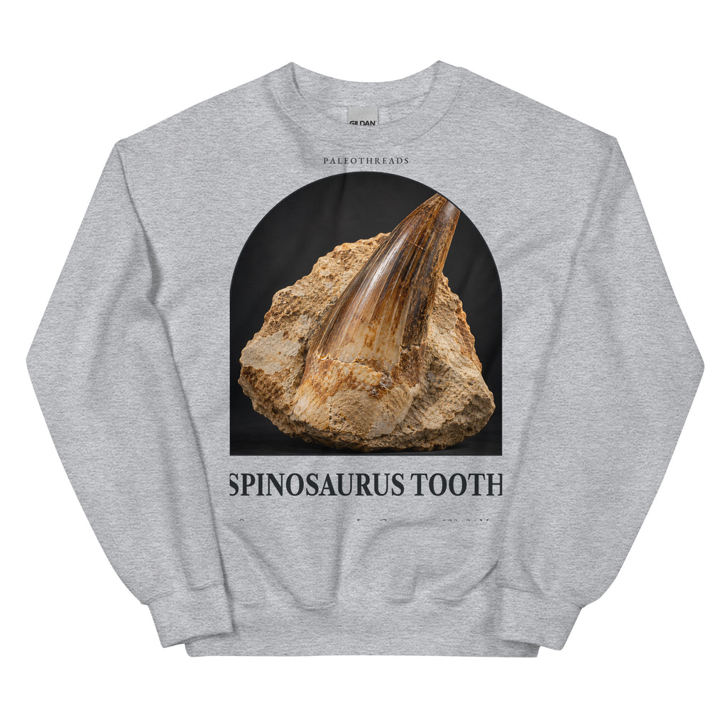 Spinosaurus tooth specimen crewneck sweatshirt in Sport Grey — Deep Time Atlas Plate 174, PaleoThreads