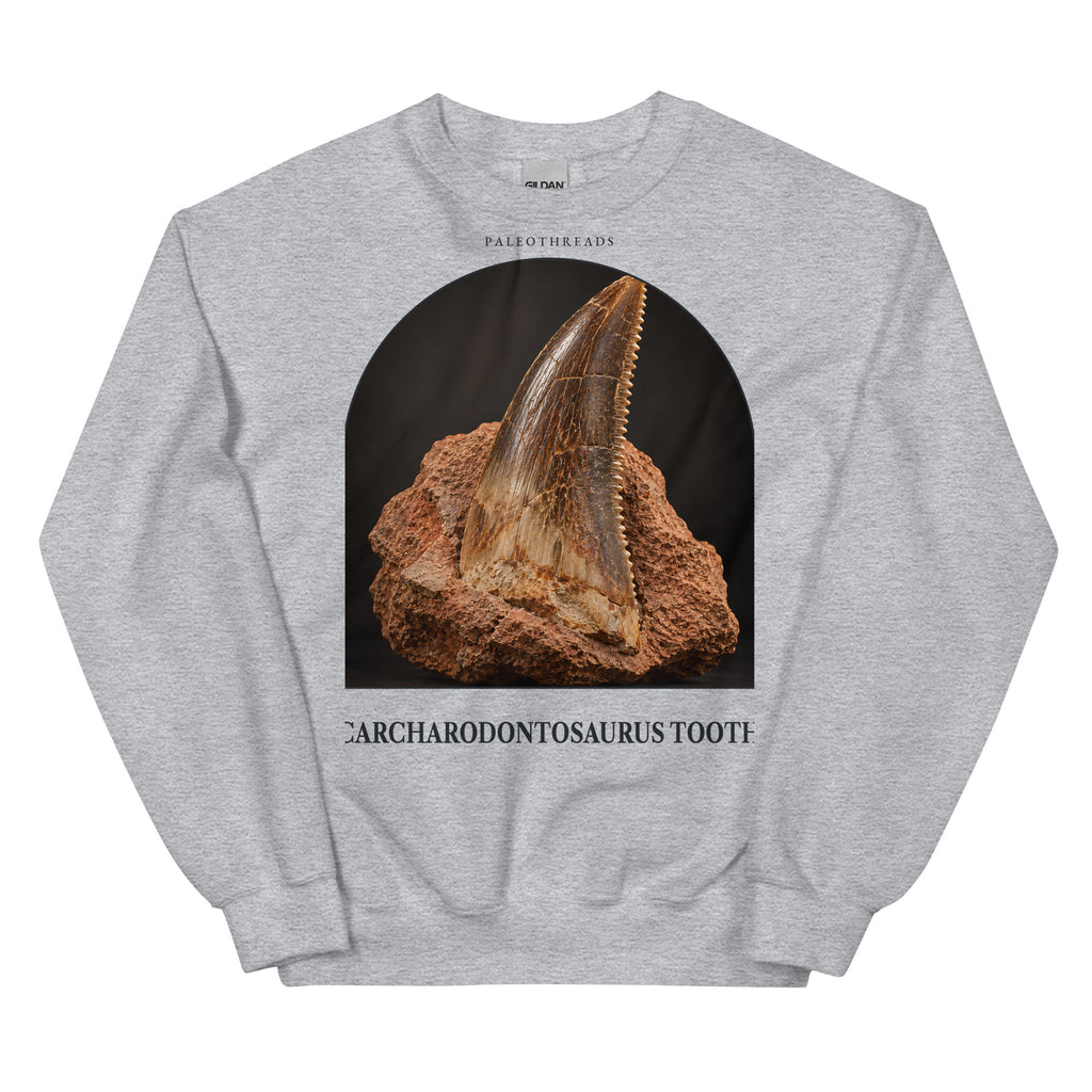 Carcharodontosaurus tooth specimen crewneck sweatshirt in Sport Grey — Deep Time Atlas Plate 175, PaleoThreads