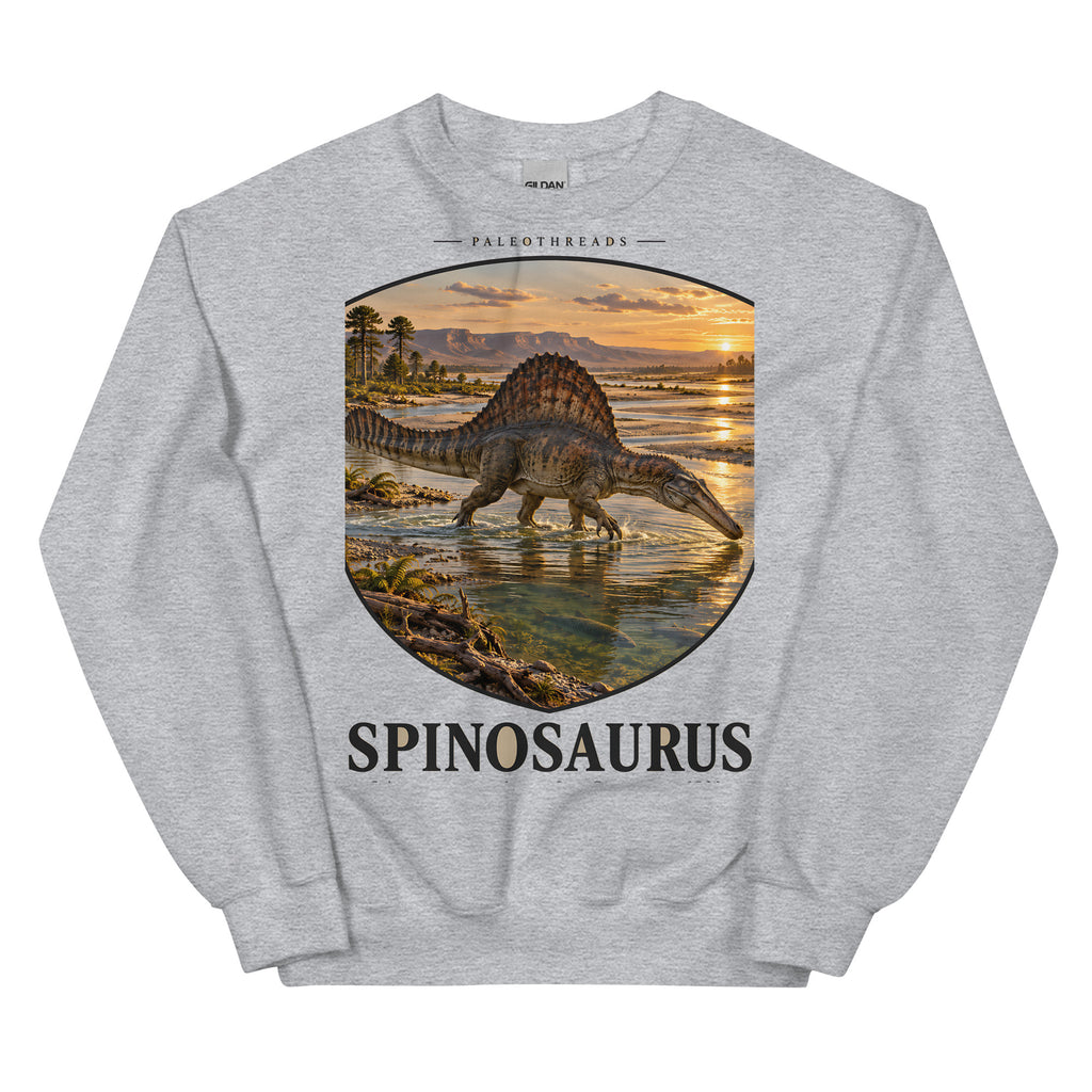 Spinosaurus crewneck sweatshirt in Sport Grey — Deep Time Atlas Plate 002, PaleoThreads
