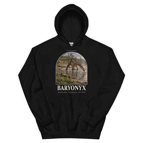 Baryonyx hoodie in Black — Deep Time Atlas Plate 015, PaleoThreads