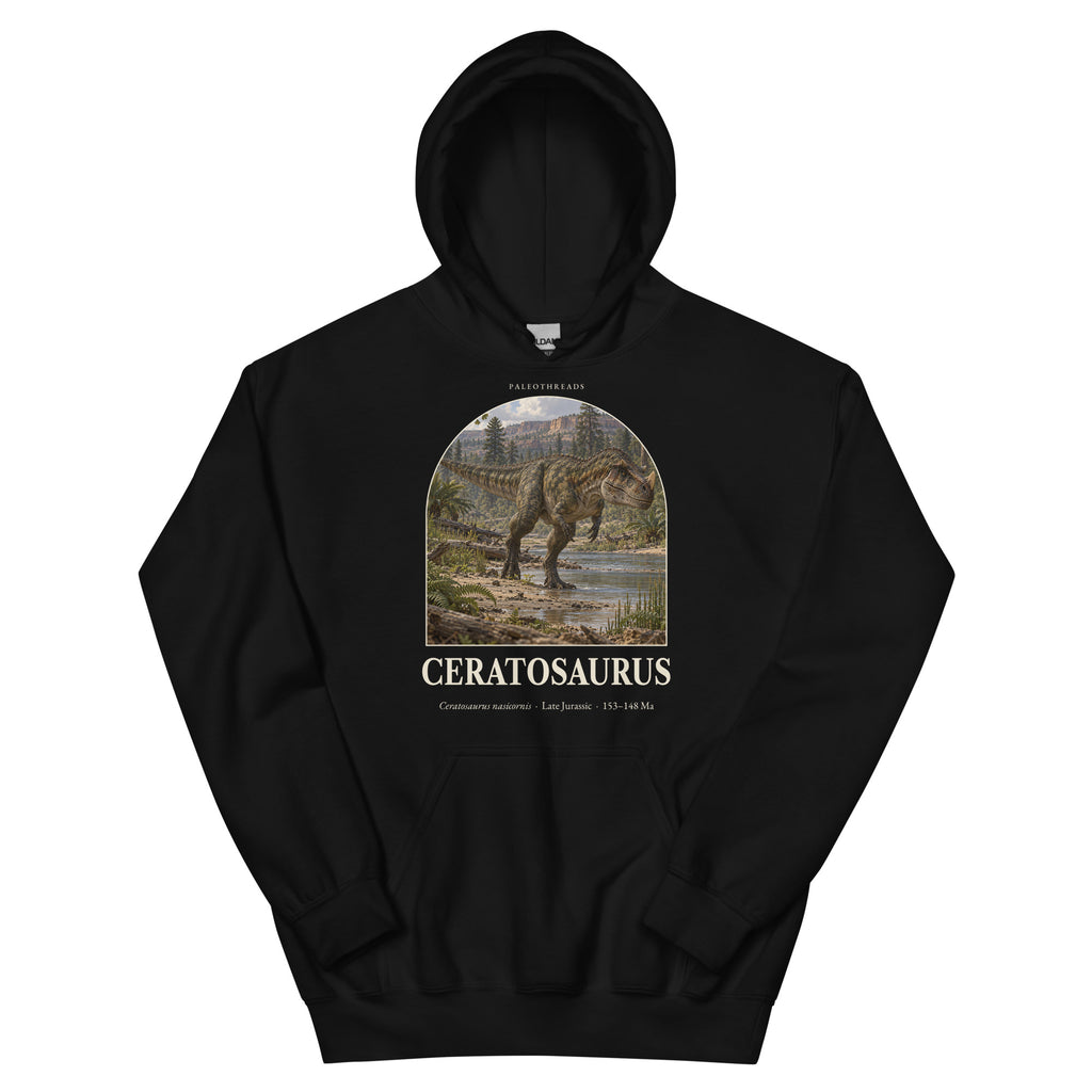 Ceratosaurus hoodie in Black — Deep Time Atlas Plate 020, PaleoThreads