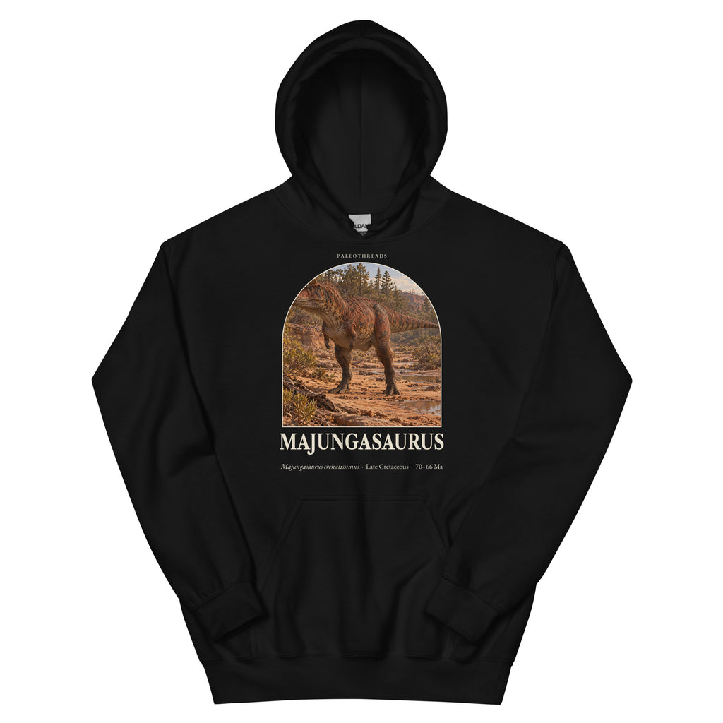Majungasaurus hoodie in Black — Deep Time Atlas Plate 039, PaleoThreads