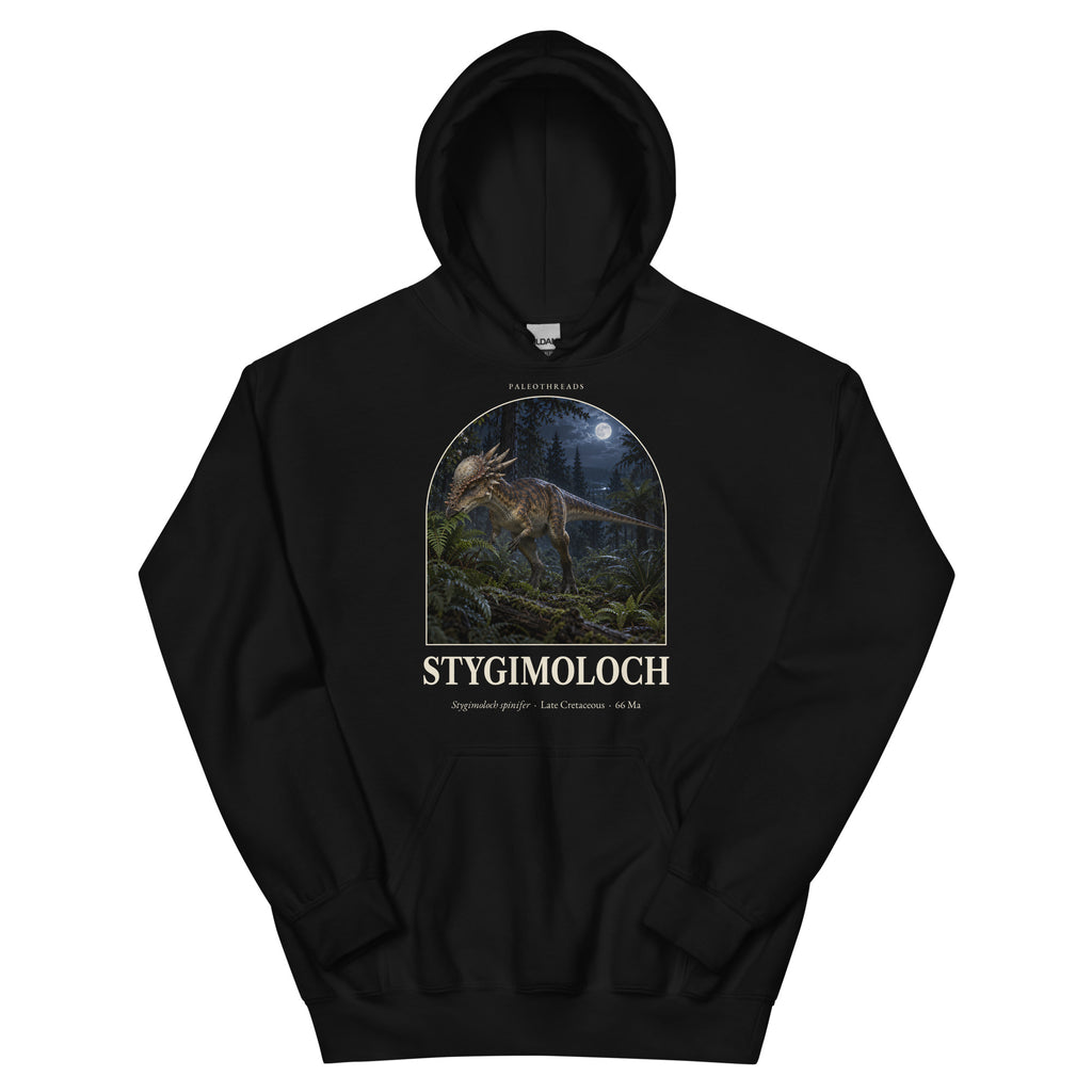 Stygimoloch hoodie in Black — Deep Time Atlas Plate 044, PaleoThreads